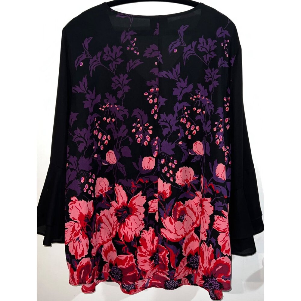Liz Claiborne Woman 3X Black & Red Floral Blouse With 3/4 Ruffle Sleeves - Picture 2 of 4